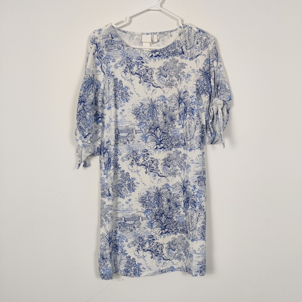 H&M Women's Blue and White Cut Out Sleeve Bohemian Midi Dress Size 2 Linen